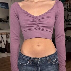 Forever 21 Ribbed Ruched Bust Long Sleeve Crop Top Mauve Purple Small